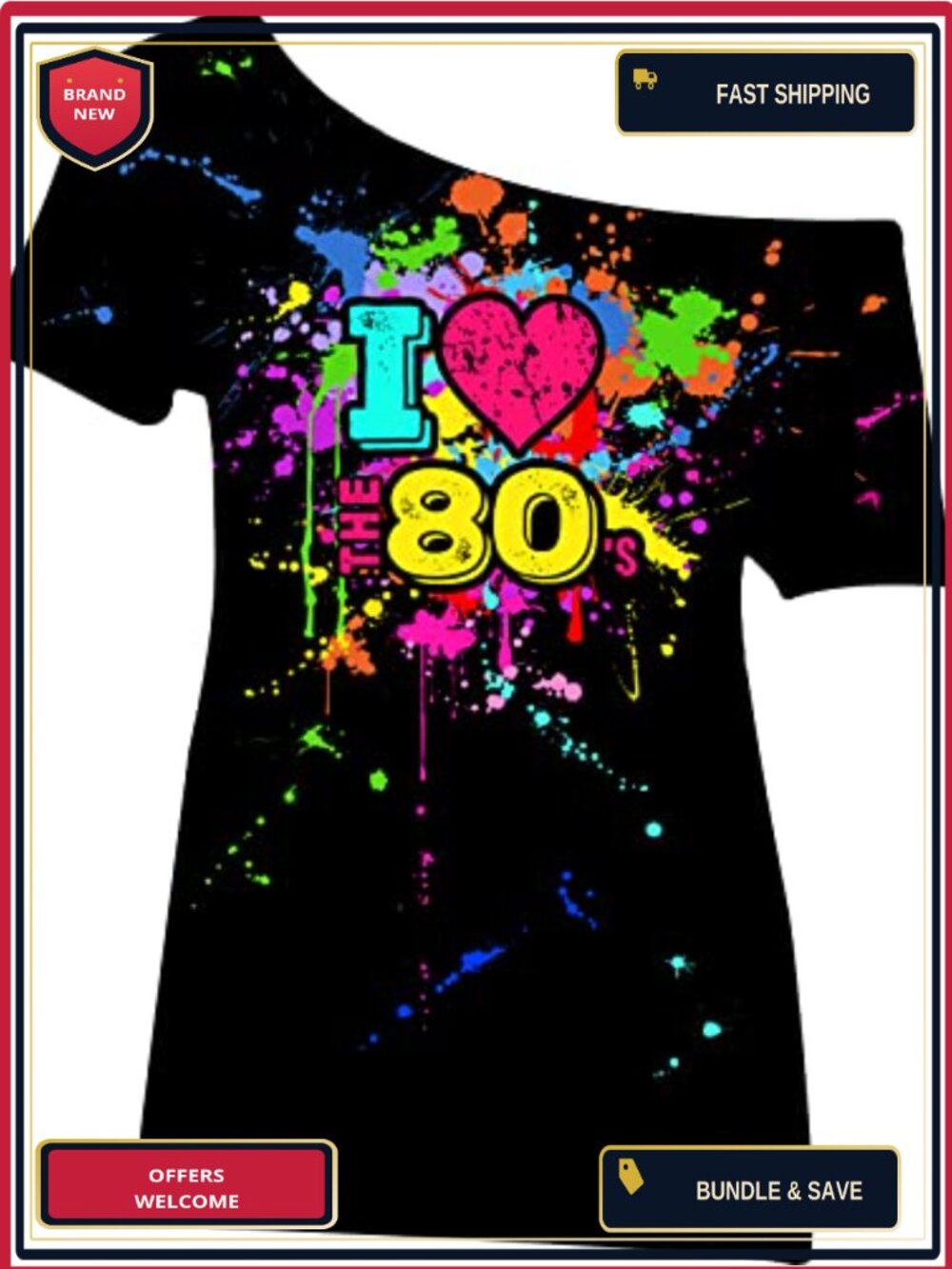 80s Off Shoulder T-Shirt Plus Size Costume Tee Oversized Party Top